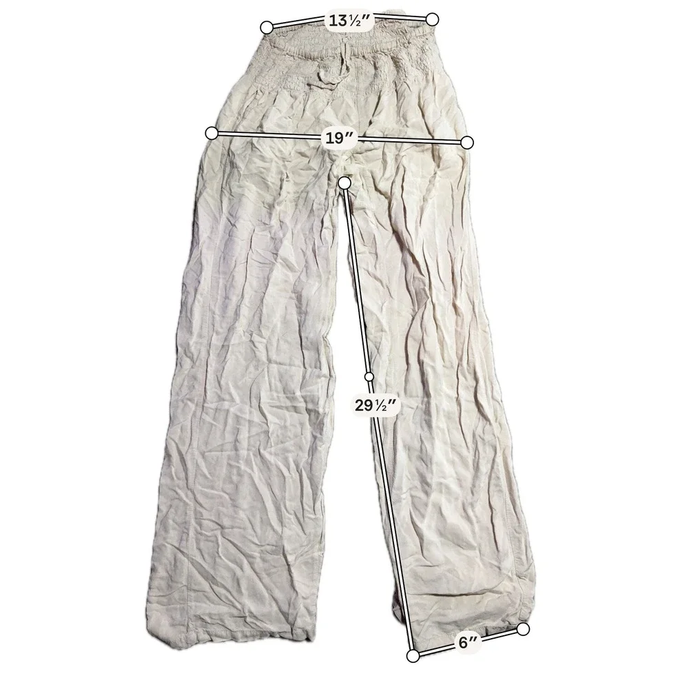 Paradise Island Beige Smocked Waist Linen Blend Wide Leg Pants One‎ Size